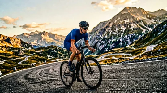 Rennradfahrer beim steilen Bergauffahren mit kraftvoller Pedalbewegung und aerodynamischer Position