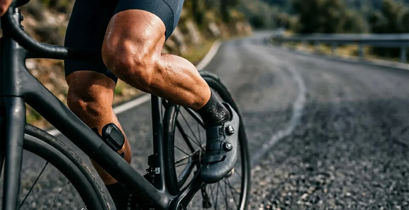 Radfahrer mit Leistungsmesser beim intensiven Training auf der Straße