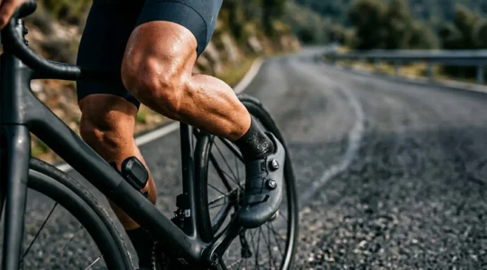 Radfahrer mit Leistungsmesser beim intensiven Training auf der Straße