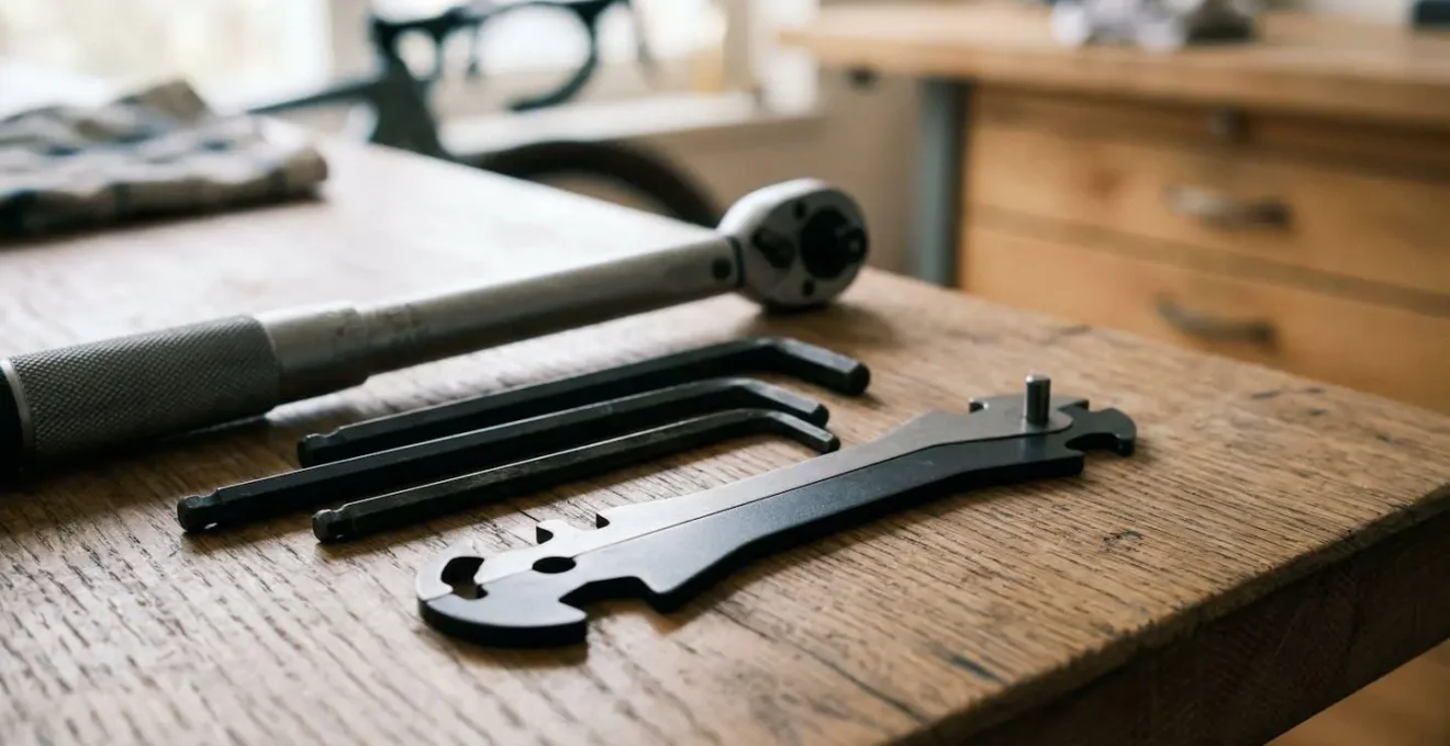 Nahaufnahme von professionellem Fahrradwerkzeug in einer Werkstatt mit gedämpftem Licht