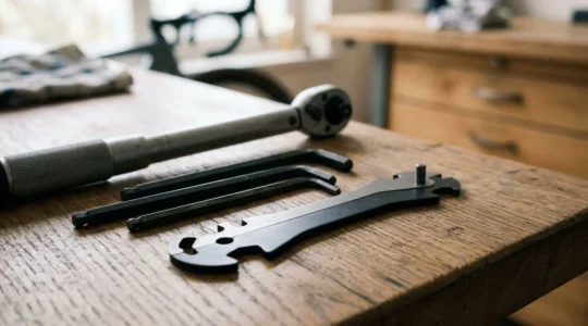 Nahaufnahme von professionellem Fahrradwerkzeug in einer Werkstatt mit gedämpftem Licht