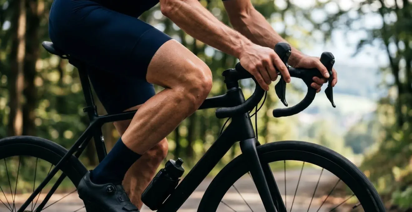 Nahaufnahme eines Radfahrers beim Wiegetritt am steilen Berg mit Fokus auf Bein- und Oberkörpermuskulatur