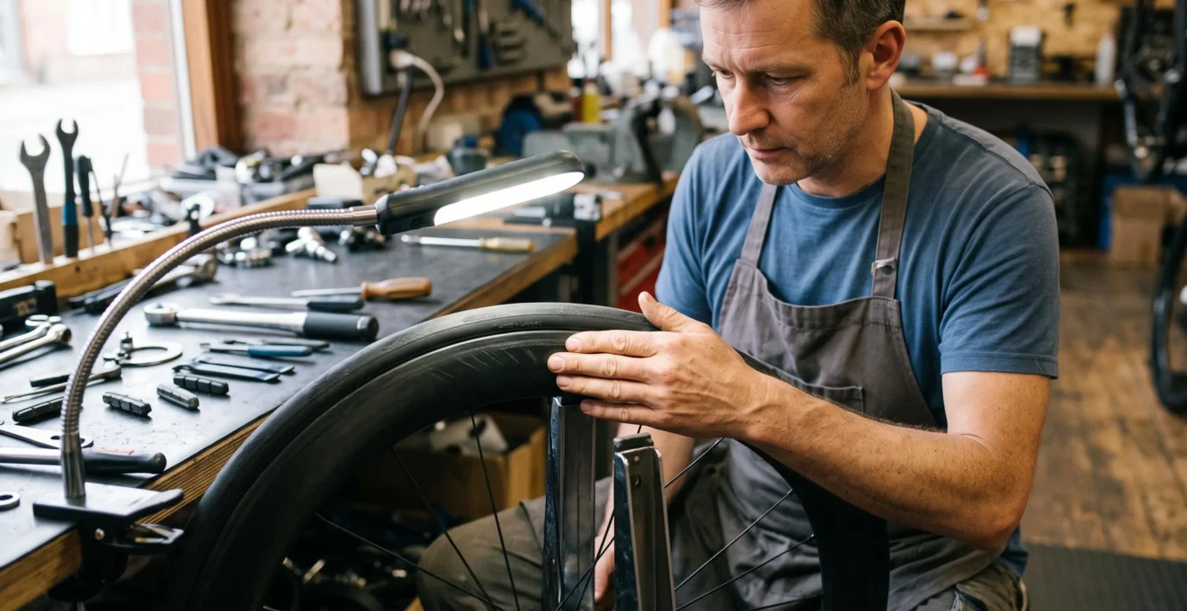 Ein Fahrradmechaniker inspiziert in einer Werkstatt die Bremsflanke einer Carbonfelge mit hohem Profil unter einer Arbeitsleuchte.