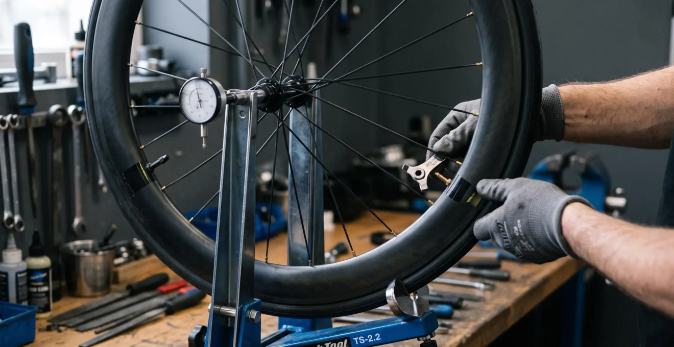 Ein Mechaniker zentriert in einer Werkstatt ein Laufrad mit hoher 60mm-Carbonfelge in einem Zentrierständer.